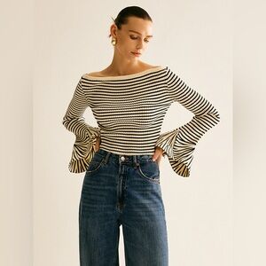 Commense Black and White Striped Off-Shoulder Top